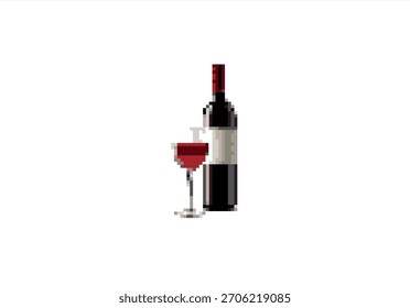 Pixel Art Red Wine Flasche und Glas. 8 Bit. Spieleentwicklung, mobile App. Isolierte Vektorgrafik.	