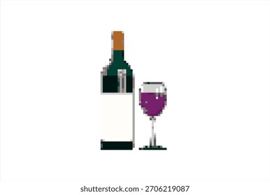 Pixel Art Botella de vino tinto y vidrio. 8 bits. Desarrollo de juegos, App móvil. Ilustración vectorial aislada.	