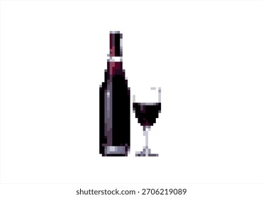 Pixel Art Red Wine Flasche und Glas. 8 Bit. Spieleentwicklung, mobile App. Isolierte Vektorgrafik.	