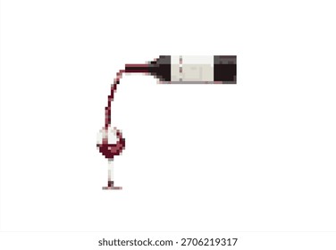 Pixel Art Vino Tinto Vertiendo de Botella en Vidrio. 8 bits. Desarrollo de juegos, App móvil. Ilustración vectorial aislada.	
