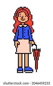 Pixel art redhead girl in a blue jacket and creamy dress with closed umbrella isolated on white.8 bit character, woman walking. Old school vintage retro 2d computer, video game, slot machine graphics.