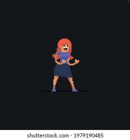 Pixel art redhead girl in office dress presenting something