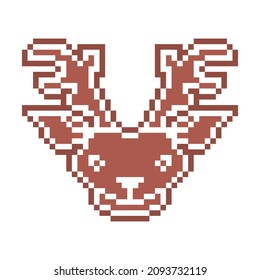 Pixel art reindeer head shape gingerbread cookie decorated with white sugar icing, 8 bit food icon isolated on white background. Christmas dessert. Winter holiday pastry. Santa's companion animal.
