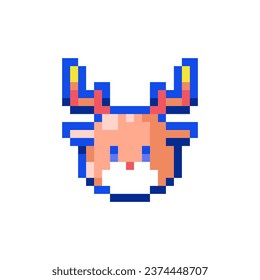 Pixel Art Reindeer. Retro 8 bit Style Merry Christmas and Happy New Year Winter Holidays Character Illustration. Rudolph Deer Face Sticker, Retro Decorative Element, Game Asset, Emoji, Patch, Avatar.	