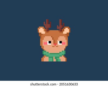 Pixel art Reindeer in scarf. Vector 8 bit style retro illustration of cute winter deer. Isolated winter avatar.
