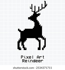 Silhueta de renas Pixel Art. Palco preto minimalista com galhos em estilo retro de 8 bits, perfeito para desenhos de Natal, arte digital, decorações de inverno e gráficos temáticos festivos