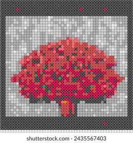 Pixel art representation of a cherry blossom tree on grey background