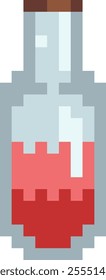 A pixel art representation of a glass bottle containing a vibrant red potion with a dark background.