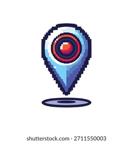 Representación de pixel art de un icono de pin de ubicación con una lente de cámara en el centro, proyectando una sombra sutil.