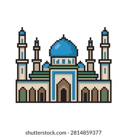 A pixel art representation of a mosque building featuring a prominent blue dome and four tall minarets, rendered in a retro video game style.