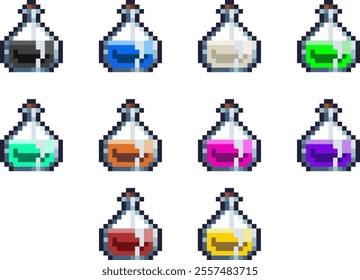 Pixel art representation of a v3 glass bottle with ten different colors. 16x16pixel original size suitable for game assets or design asset elements for your game design assets.