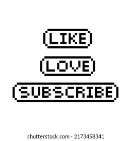 Pixel art retro 8 bit speech bubbles set with text, like, love, subscribe - isolated vector illustration