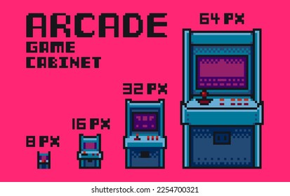 Pixel art retro arcade game cabinet machine with buttons joysticks and many sizes, bubblegum 16 color palette, 8 bit, for game and process of teaching, vector illustration isolated on background.