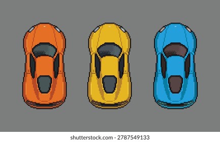 Pixel art of retro arcade racing game vehicles set featuring top down view sports cars in orange, yellow, and light blue.