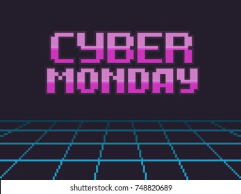 Pixel art retro background with cyber friday text