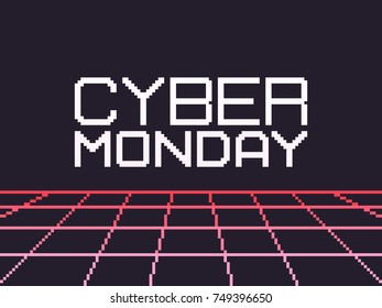 Pixel art retro background with cyber Monday text