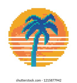 Pixel art of retro background futuristic landscape 1980s style.  Palm and sun. 8 bit