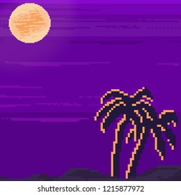 Pixel art of retro background futuristic landscape 1980s style.  Palms and sun. 8 bit