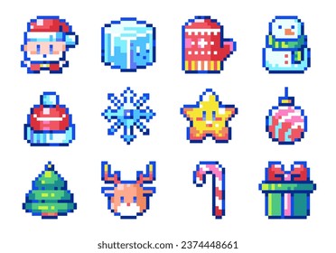 Pixel Art Retro Christmas Set. 8bit Retro Style 2D vintage Santa Claus, Ice Cube Character, Mitten, Snowman, Santa Hat, Snowflake, Star, Decoration Toy, Tree, Deer, Candy Cane, Gift Box.