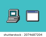 pixel art retro computer monitor with keyboard and opened application and program window terminal, icon asset on blue background