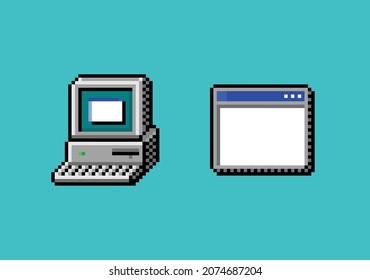 pixel art retro computer monitor with keyboard and opened application and program window terminal, icon asset on blue background