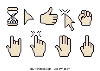 Pixel art retro cursors, hands. 8 bit pointers, arrows and hourglass. Vintage nostalgic interface sign in retro 90s style. Mouse cursors, press finger and click. Vector direction and choice palm.