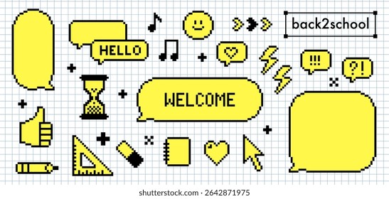 Pixel art retro dialogue box. 8 bit school themed vector elements over notebook grid. Speech bubble text Welcome, arrow, heart, music note. Chat balloon for text message, back to school digital design