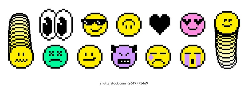 Pixel art retro emoticon set. 8 bit yellow faces with smile, sad, cry and critic emotion. Heart eyes, evil emotion, devil horns, cool sunglasses. Pixelated icons for retro interface, digital stickers