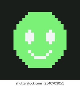 Pixel Art Retro Emoticon Smile Face Y2k. Saures Grün lustig flachen Stil Emoticon. Happy Emotion Gesicht im Retro 8 Bit Videospiel Stil. Isolierter Aufkleber. Vektorgrafik.