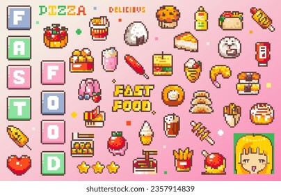 Pixel Art Retro Fast Food Set. 8bit Retro Style Video Game Asian Street and Popular fast food. Cakes, Fried Potato and Cheese balls, tteokbokki, sushi, hot dog. Pack of emoji, stickers or badges.	