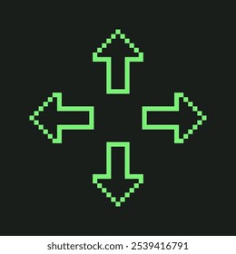 Iconos de flecha de cursor de cuatro direcciones retro de arte de píxeles. Antiguas acid green y2k style. Video Interfaz de usuario 8 bits vintage controles de juego. Herramienta Selector de movimiento pixelado. Kit de Diseño web. Ilustración vectorial.