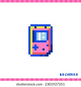 Icono de consola de juegos retro de arte de píxeles. Ilustración estilo 90s de 8bit de gadget de juego de bolsillo con pantalla y botones. Pegatina de nostalgia de píxel.