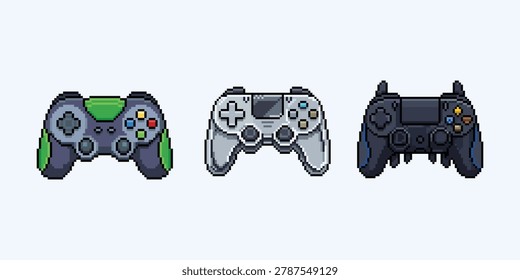 Pixel art of retro game controllers set featuring modern gaming gamepads and joysticks for computer gaming or console.