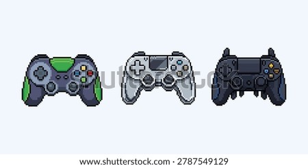 Pixel art of retro game controllers set featuring modern gaming gamepads and joysticks for computer gaming or console.
