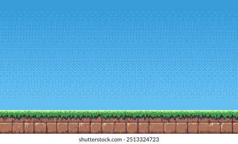 pixel art retro nível de jogo, 8 bits 2d fundo de jogo de vídeo, modelo de pixel. pedras, grama e céu azul. Ilustração vetorial