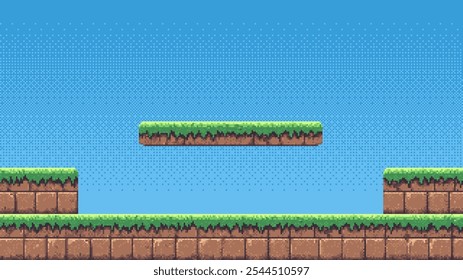 pixel art retro nível de jogo, 8 bits 2d fundo de jogo de vídeo, modelo de pixel. pedras, grama e céu azul. Ilustração vetorial