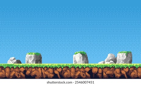 pixel art retro nível de jogo, 8 bits 2d fundo de jogo de vídeo, modelo de pixel. pedras, grama e céu azul. Ilustração vetorial