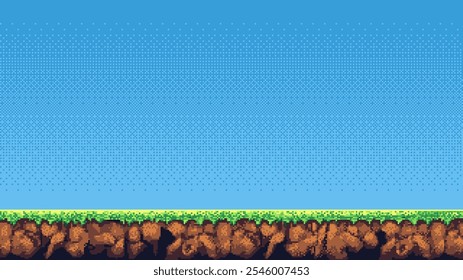 pixel art retro game level, 8 bit 2d video game background, pixel template. stones, grass and blue sky. Vector illustration