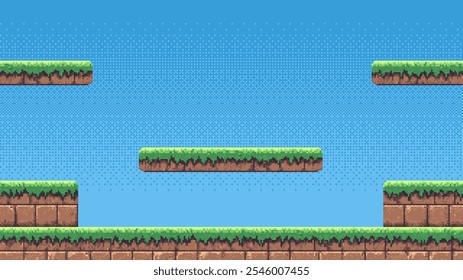 pixel art retro nível de jogo, 8 bits 2d fundo de jogo de vídeo, modelo de pixel. pedras, grama e céu azul. Ilustração vetorial