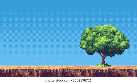pixel art retro game level, 8 bit 2d video game background, pixel template. stones, grass and blue sky. Vector illustration