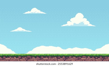 pixel art retro game level, 8 bit 2d video game background, pixel template. Vector illustration