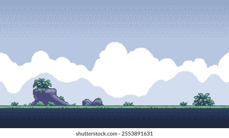 pixel art retro game level, 8 bit 2d video game background, pixel template. Vector illustration