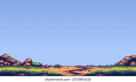 pixel art retro game level, 8 bit 2d video game background, pixel template. Vector illustration