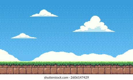 pixel art retro game level, 8 bit 2d video game background, pixel template. Vector illustration