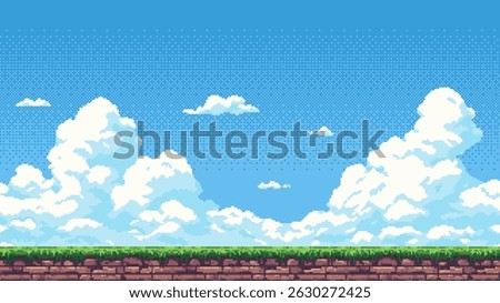 pixel art retro game level, 8 bit 2d video game background, pixel template. Vector illustration