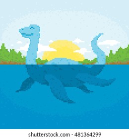 Pixel art retro game style lochness vector illustration