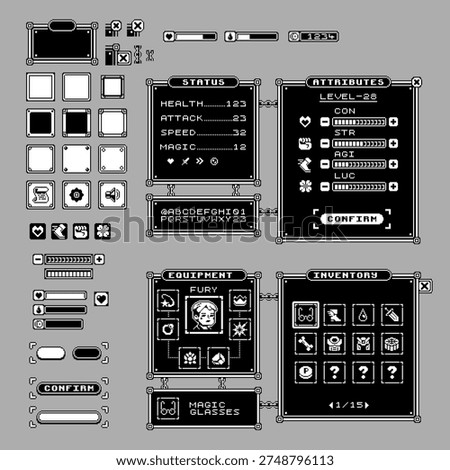 Pixel art retro game user interface set 8-bit style, inventory window, equipment screen, health bars, icons, buttons, frames, for game development, indie projects, UI design, game assets.