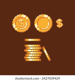 Pixel art retro gold coin dollar sign game asset icon set. Vector illustration isolated