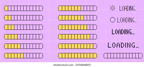 Pixel art retro loading bar interface. 8 bit progress button elements set and text. Y2k game waiting signs in retro 80s style. Vector set illustration.
