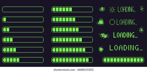 Pixel art retro loading bar interface. 8 bit progress button elements set and text. Green stroke console waiting signs in retro 80s style. Vector set illustration.